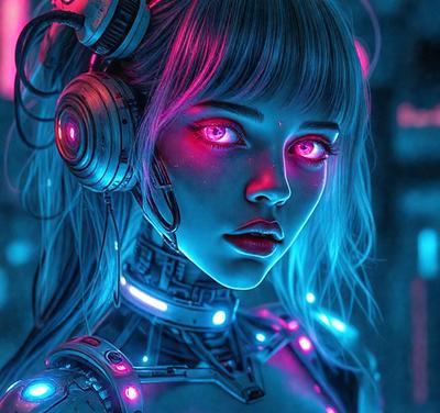 The primary subject of the image is a woman with pink eyes, wearing a futuristic outfit and headphones. She is standing in a futuristic setting, possibly a dark room. The visual style of the image is digital art, with the woman's eyes and the futuristic outfit being the main focus. The colors and mood of the image are predominantly dark and mysterious, with the pink eyes adding a touch of whimsy to the overall atmosphere.